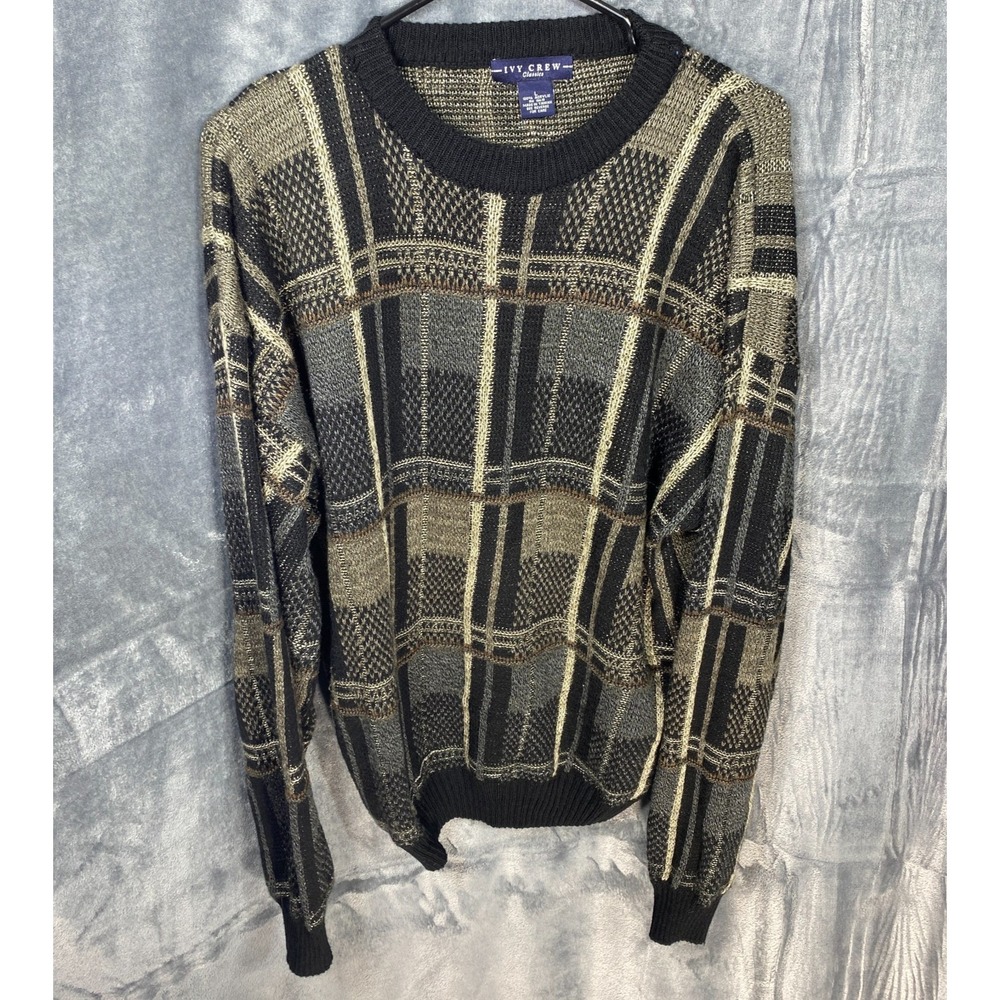 VTG 90s Ivy Crew Sweater‎ Mens L Open Knit Preppy Dark Academia Classic Plaid